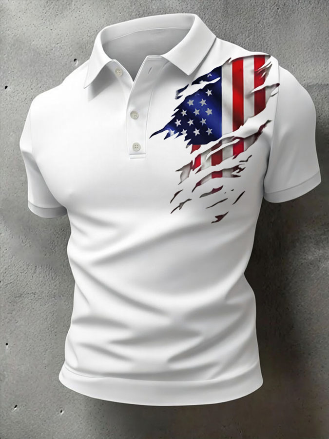 Men'S Retro American Flag Printed Casual Polo Shirt