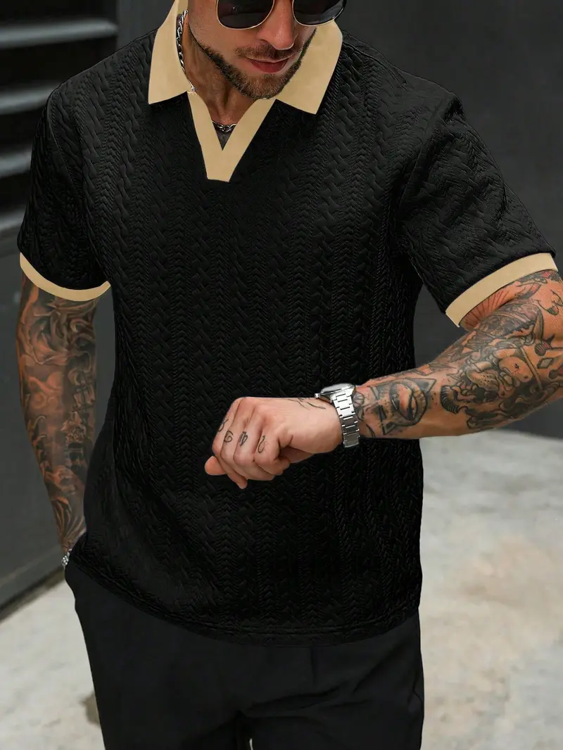 Men's Color-Block Short-Sleeve Casual Polo Shirt