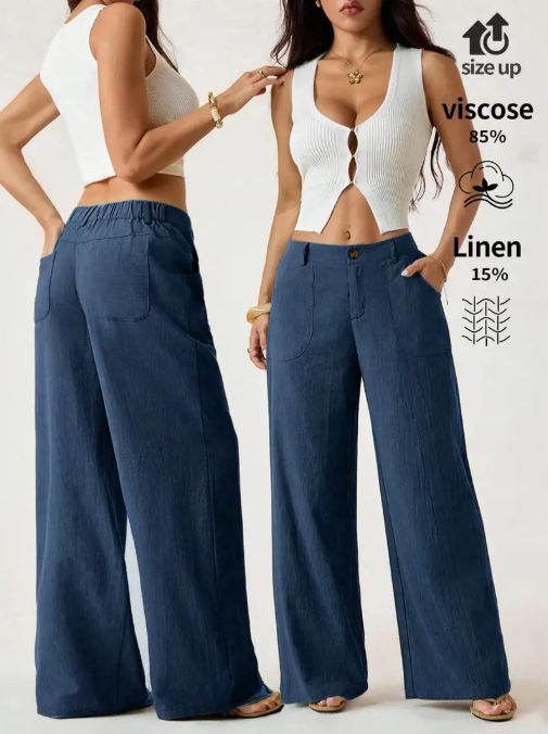 Women's Classical Chic Linen Palazzo Pants Summer Flowy Loose Wide Straight Leg Beach Trousers