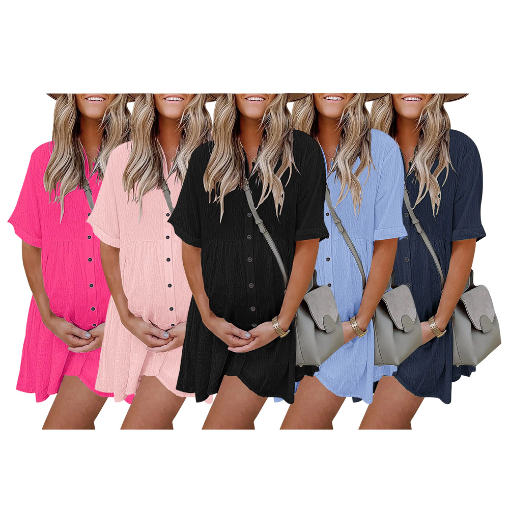 Babydoll Dress for Women Short Sleeve Button Down Textured Non-clingy Loose Fit Flowy Mini Dress with Pockets