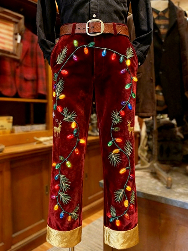 Men's Christmas Colorful Lights Print Casual Corduroy Pants