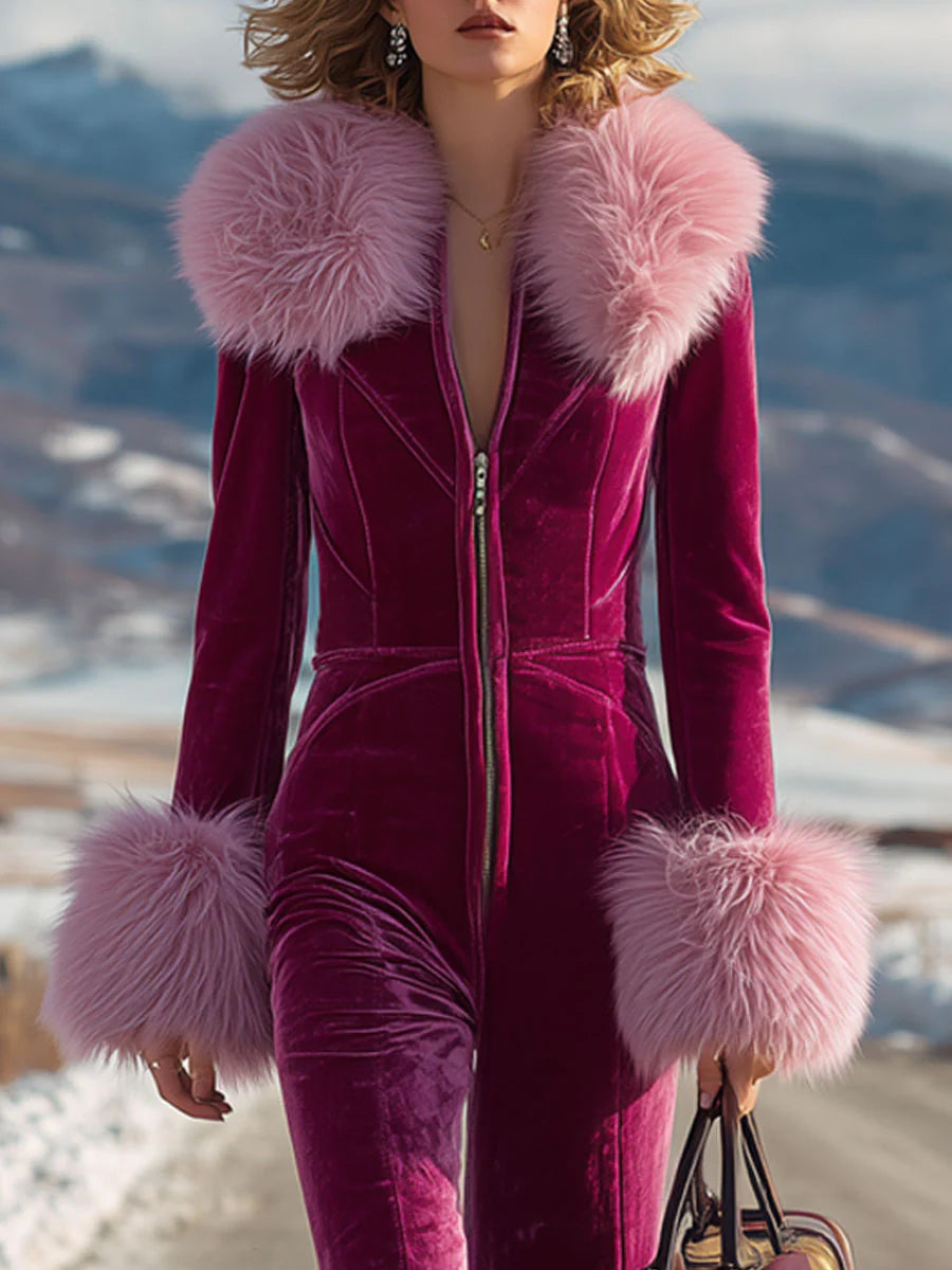 Fashion Retro Rose Red Velvet Faux Fur Collar Long Sleeve Flared Jumpsuit