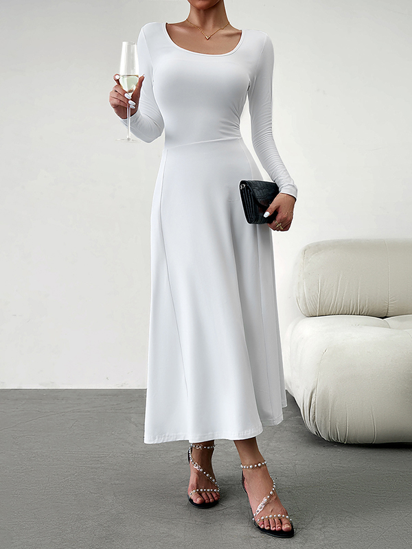 Solid Color Tied Waist A-Line High Waisted U-Neck Midi Dresses