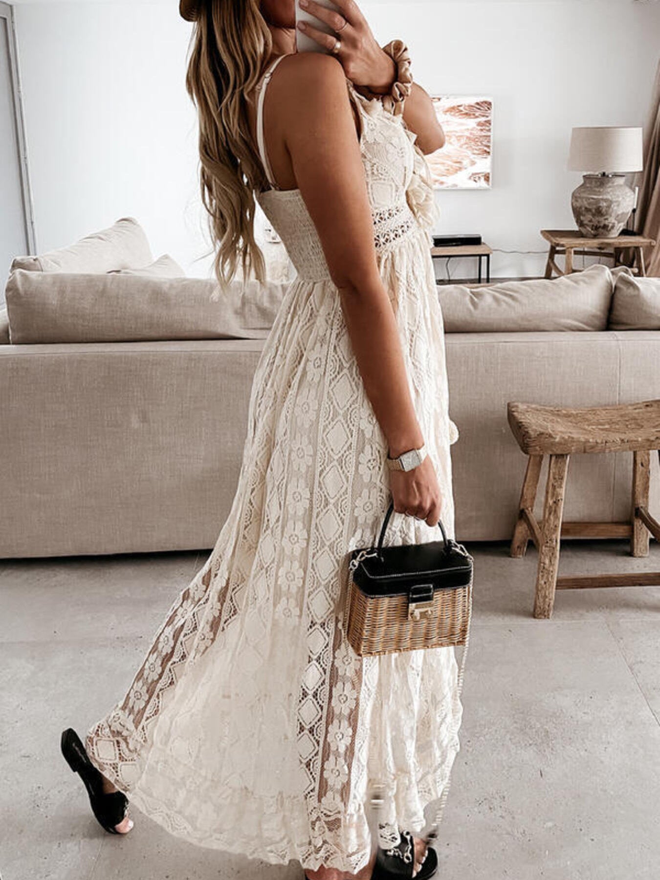 Plus Size Ruffled Lace V-Neck Maxi Dress