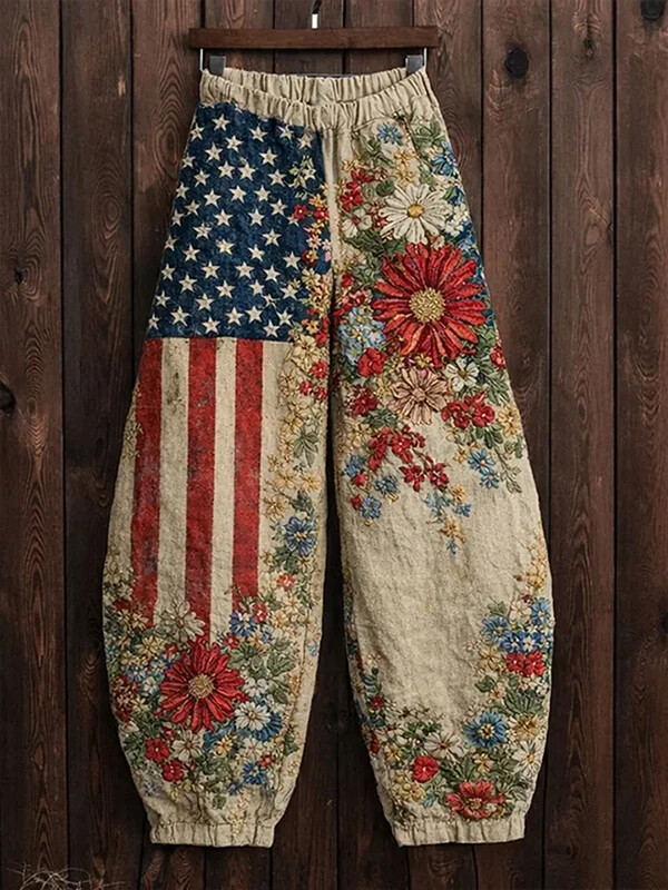 Women's Independence Day American Flag Chrysanthemum Art Print Casual Pants