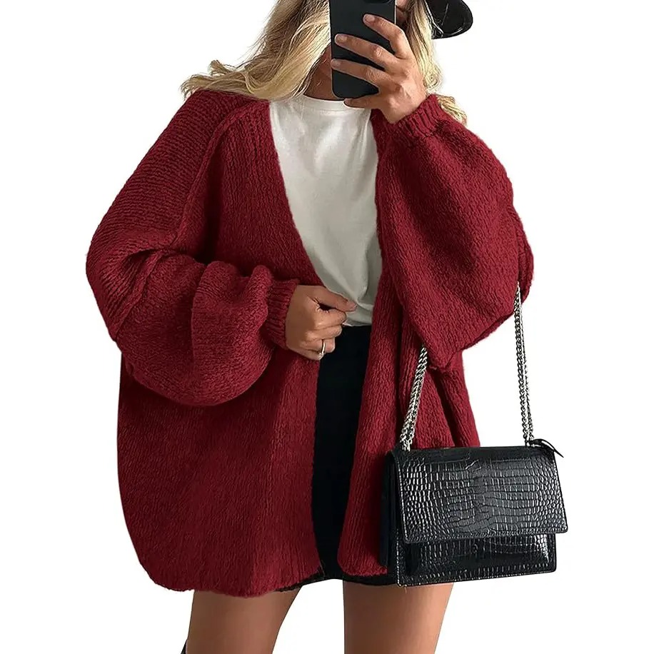 Women's Oversized Open-Front Cardigan – Long Lantern Sleeve Lightweight Knit