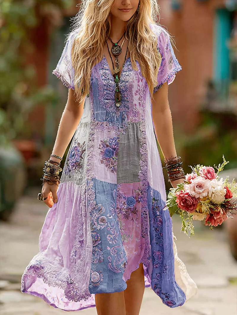 Women's Retro Floral Splicing Cotton And Linen Long Dress