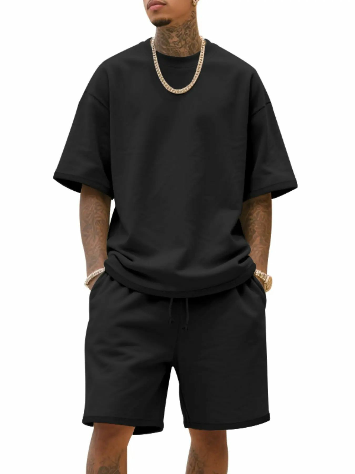Men's Summer Casual Set, Pure Color Round Neck Short Sleeve Knit Tee & Shorts