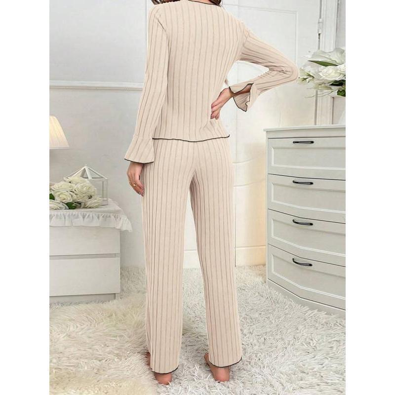 Women’s Ribbed Lounge Two-Piece Set – Long Sleeve V-Neck Top & Relaxed Pants