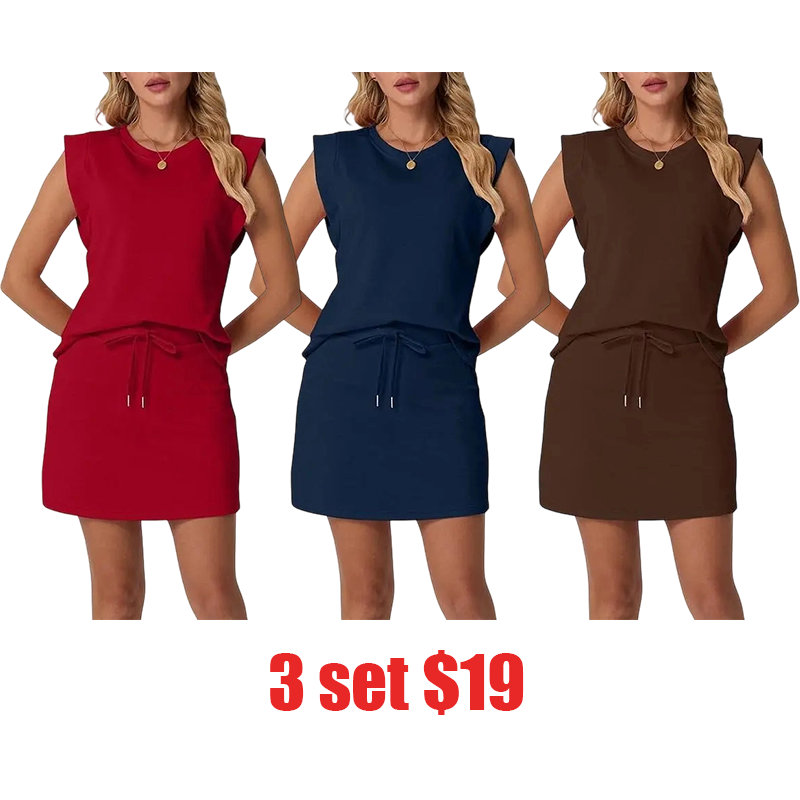 Women's Summer 2 Piece Skort Set – Cap Sleeve Round Neck Top & Tennis Skirt with Pockets for Athletic & Casual Wear