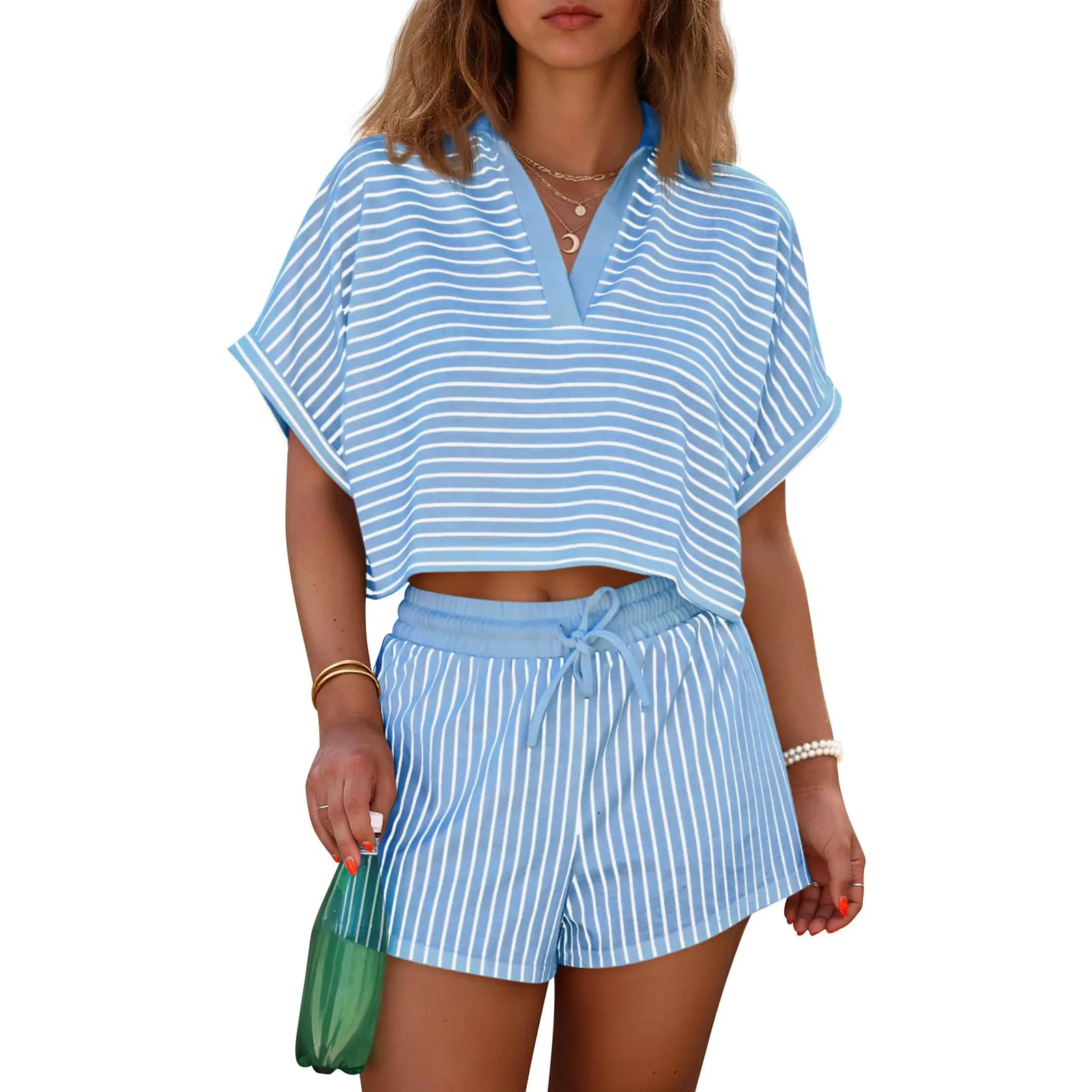 Womens Striped 2 Piece Short Sets