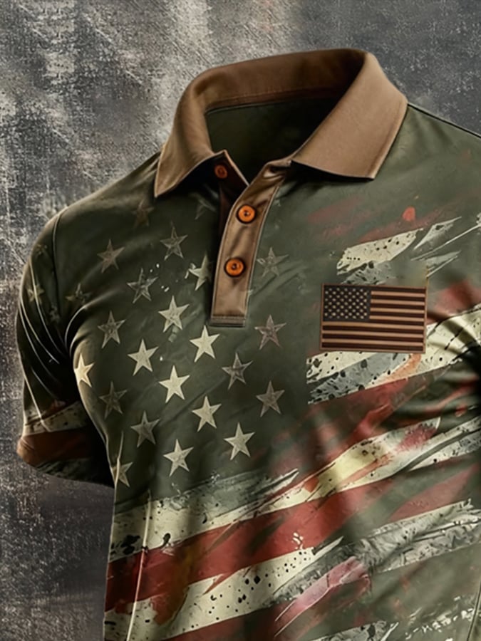 Men's Retro Patriotic Color-Block Short-Sleeve Polo Shirt