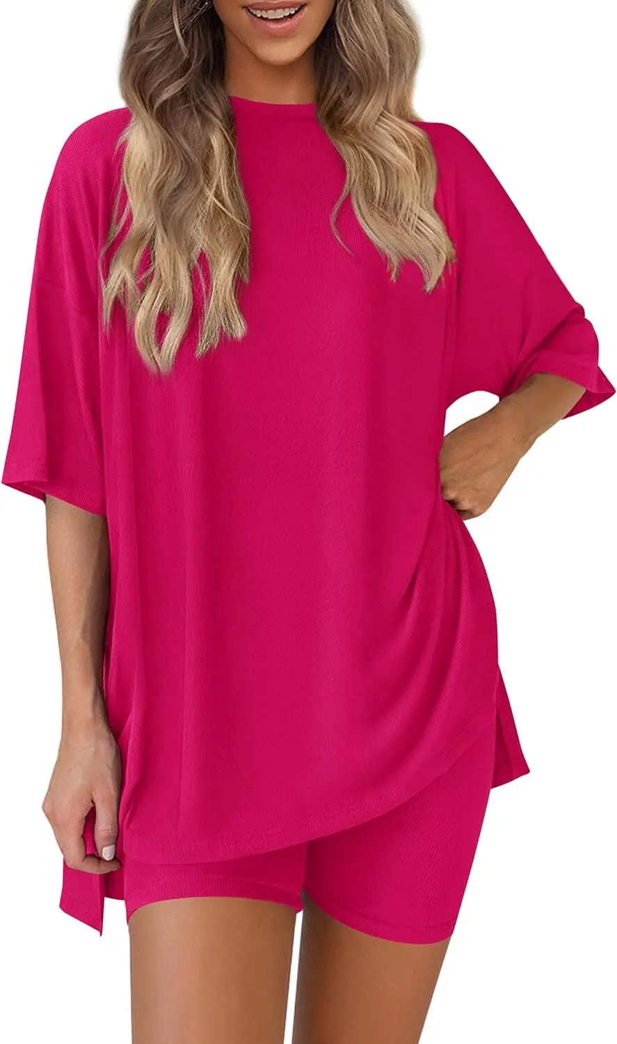 🔥Special Sale❤️Women's Two Piece Lounge Set 2026 Summer Casual Oversized Shirts  Biker Shorts Matching Airport Travel Outfit