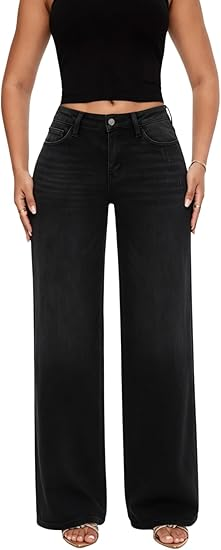 Mid-Low Rise Baggy Jeans Wide Leg for Women Distressed Pants Stretchy Bottom Lady Basic Comfortable Denim