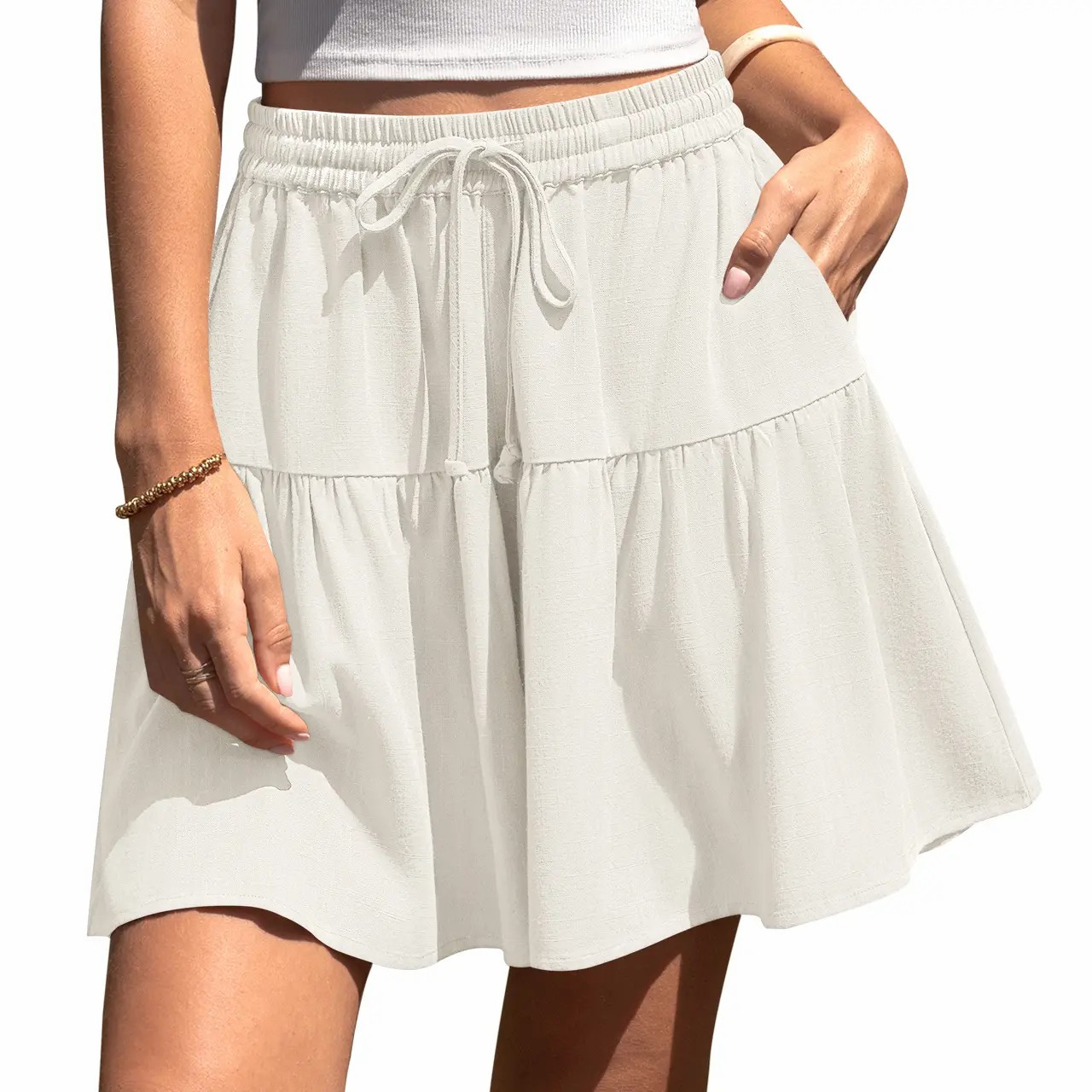 Women’s Linen-Blend Wide Leg Drawstring Summer Shorts
