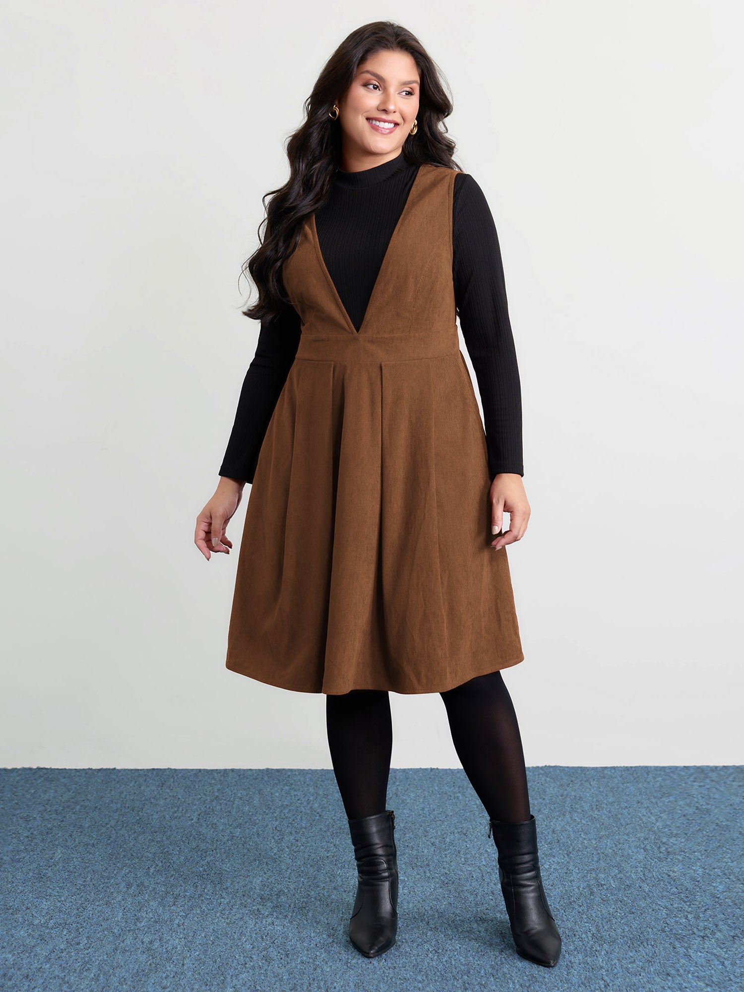 Corduroy Stretchy Waist V-Neck Mini Dress