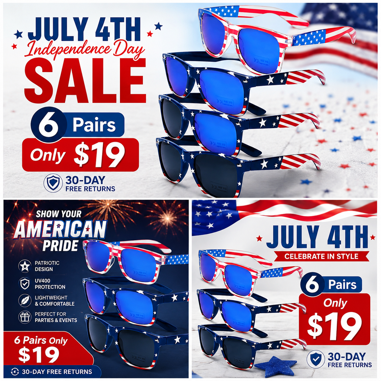 🕶️6 Pairs American Flag Sunglasses, 😎4th of July Decorations Frame Sunglasses for Women Men Teens