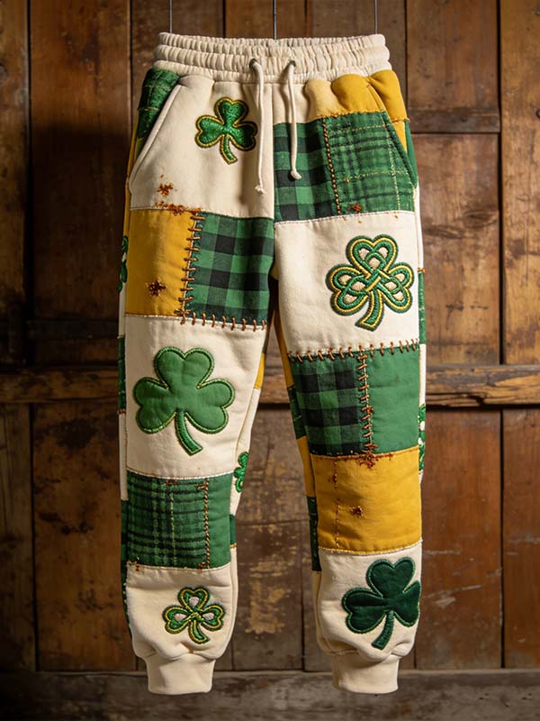 Men's St. Patrick's Day Shamrock Plaid Colorblock Patchwork Art Print Loose Drawstring Waist Sweatpants