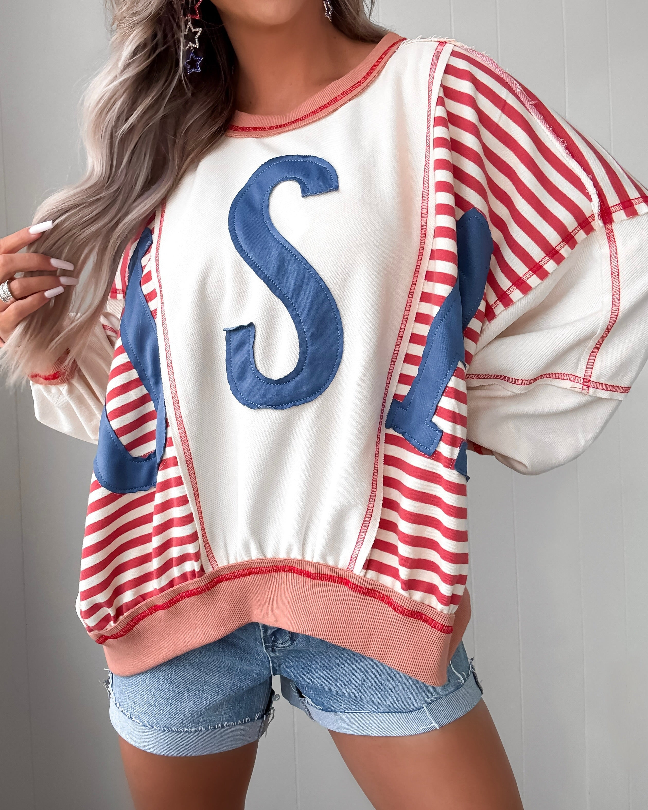 Land Of The Free Striped Sweatshirt - Oatmeal/Red