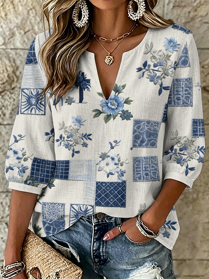Women'S Retro Faith Floral Art Printed Five Quarter Sleeve Top