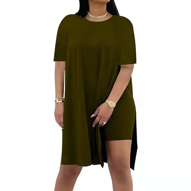 Women Plus Crewneck Short Sleeve Tops and Skinny Biker Shorts Sets