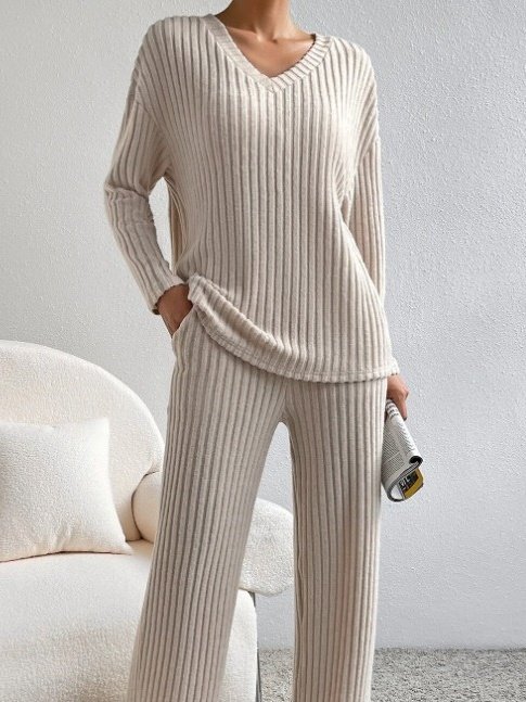 Women's Embossed Plain Daily Going Out Two-Piece Set Apricot Casual Spring/Fall Top With Pants Matching Set