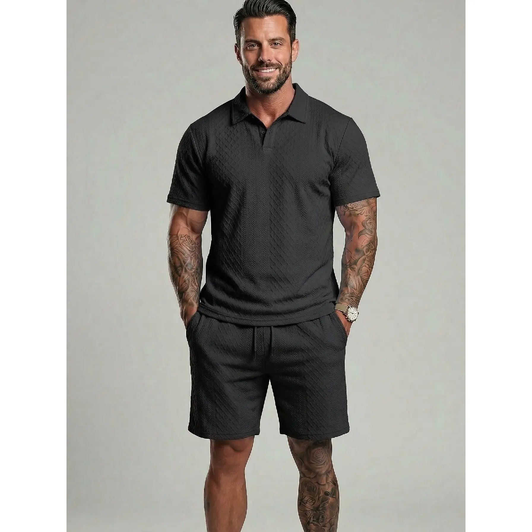 Men's Solid-Color Polo Shirt and Drawstring Shorts Set