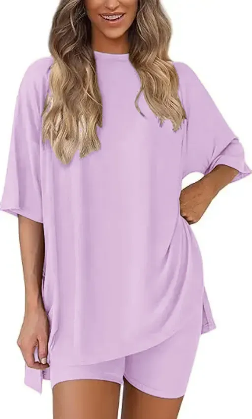 🔥Women's Two Piece Lounge Set 2026 Summer Casual Oversized Shirts Biker Shorts Matching Airport Travel Outfit
