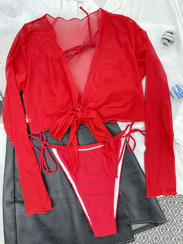 Three Pieces Padded Backless Bandage Mesh Solid Color Halter-Neck Bikini Swimsuit &Cover-Ups Tops Set