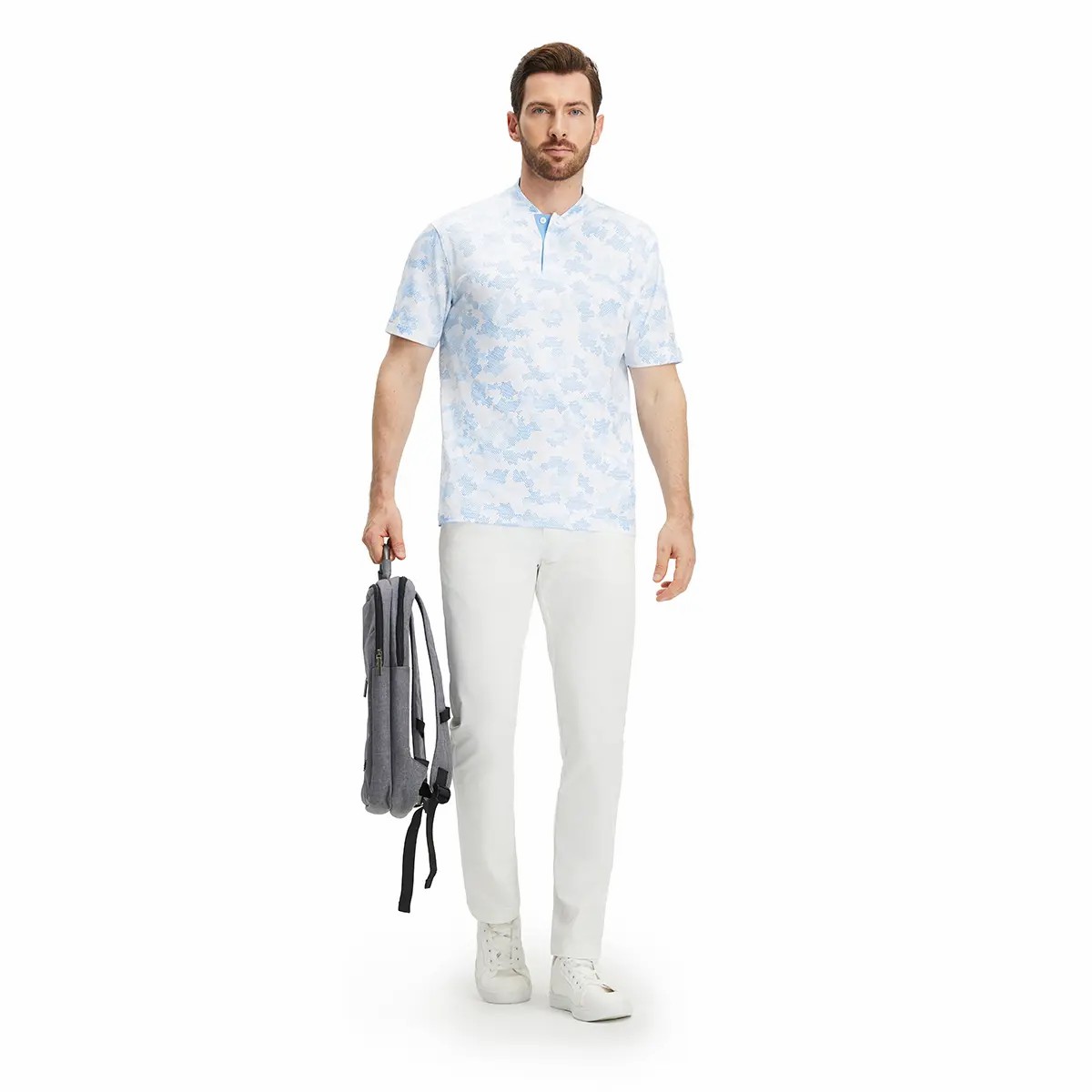 Men's Collarless Performance Golf Shirt – Dry Fit Stretch Henley with Printed Design