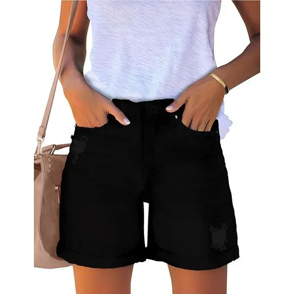 Women's Casual Distressed Denim Shorts – High-Waisted, Vintage-Wash, Cuffed Design