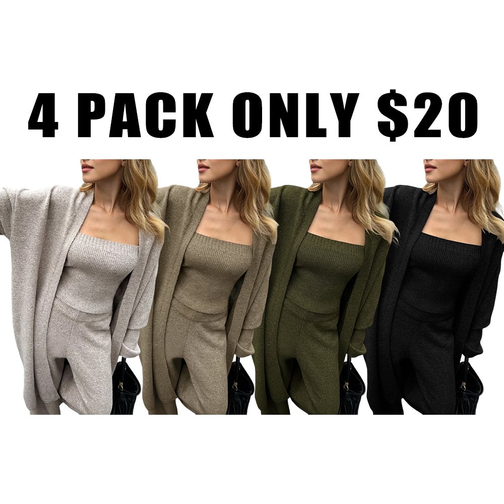 Three-Piece Knit Bustier Cardigan Pants Set