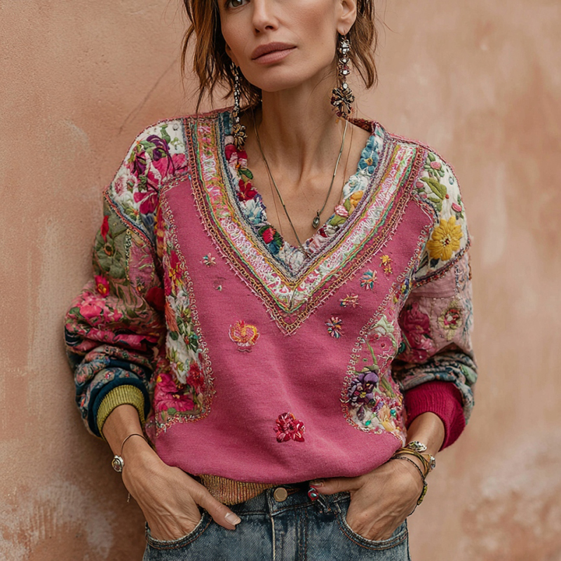 Women's Bohemian Flower Embroidery Art V-neck Casual Sweatshirt