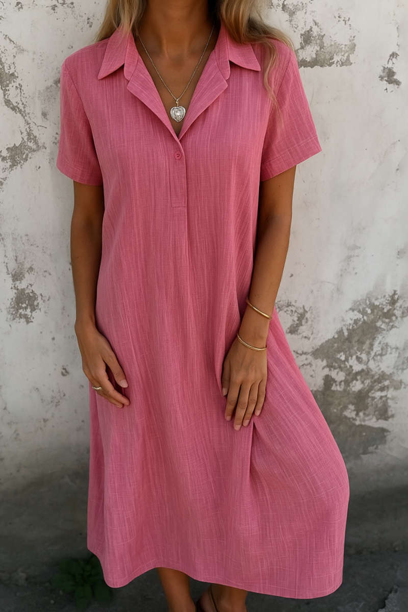 Loose-Fitting Short-Sleeved Cotton And Linen Shirt Dress