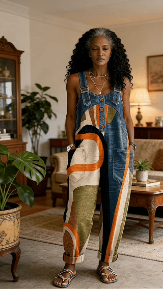 Women’s Fashionable Abstract Stripes Print Casual Denim Denim Patchwork Jumpsuit