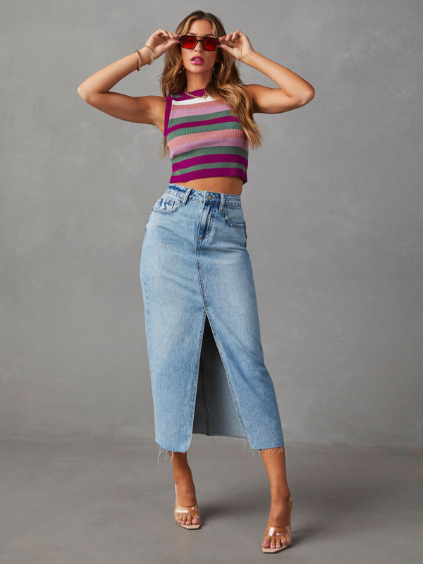Front Slit Denim High Waist A Line Midi Skirt