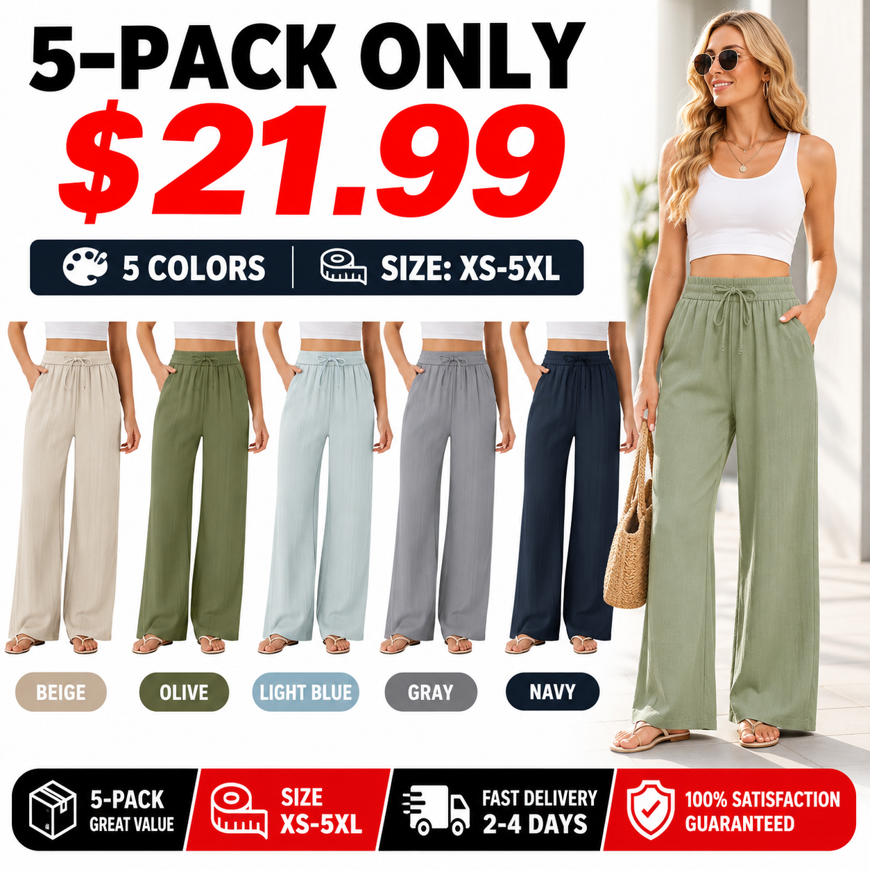 High Waisted Drawstring Pocket Wide Leg Casual Linen-Feel Pants