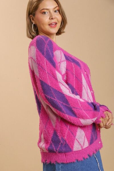 Elegant Argyle Pattern V-Neck Button Front Cardigan