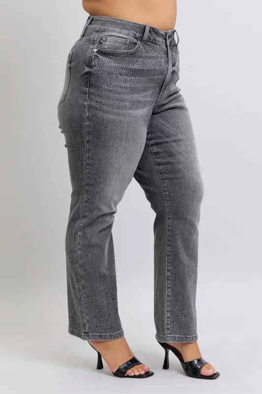 Blue Full Size High Waist Rhinestone Straight Jeans Plus Size