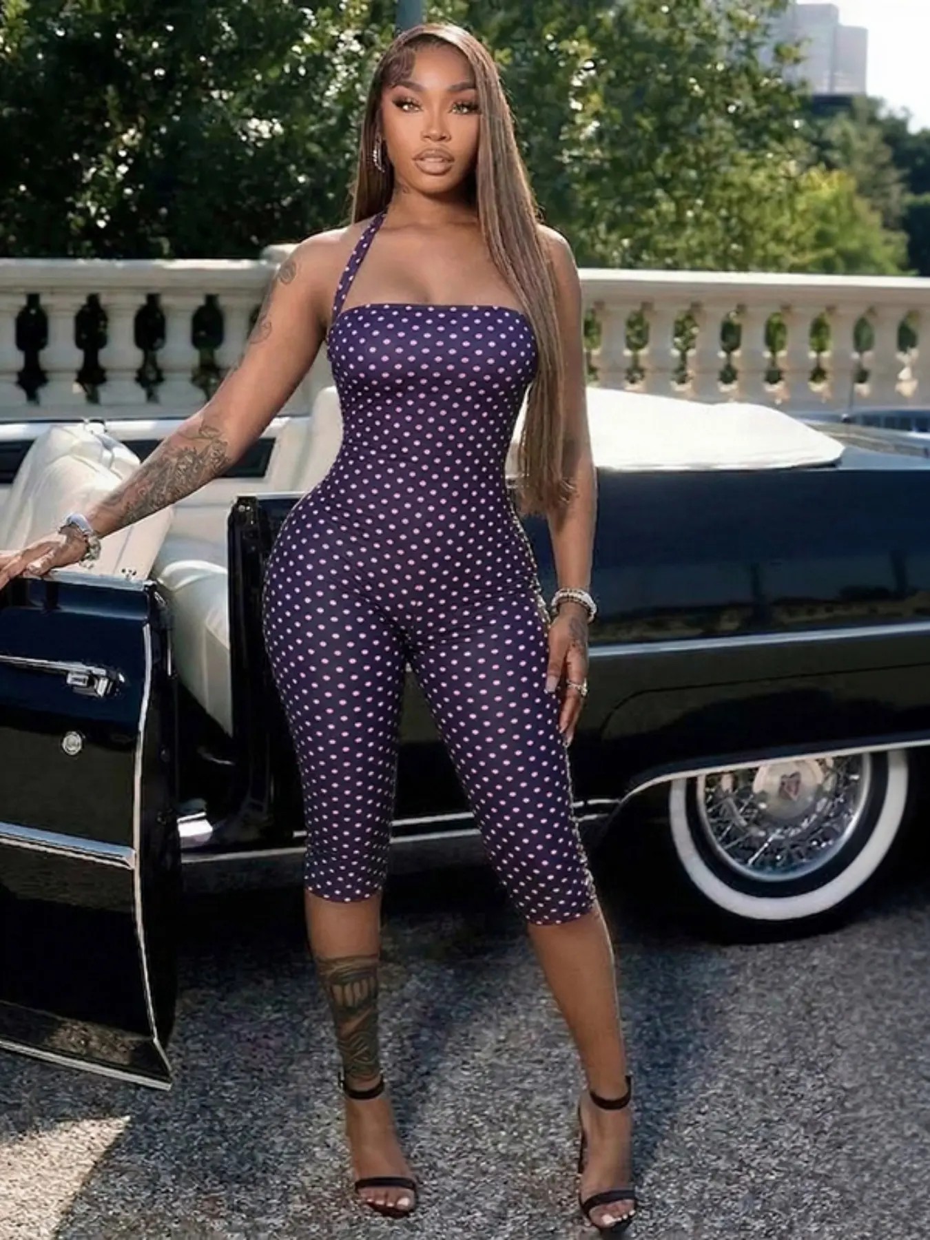 Women's Polka Dot Sleeveless Halter Bodycon Fit Long Pants, Elegant Retro Chic Style