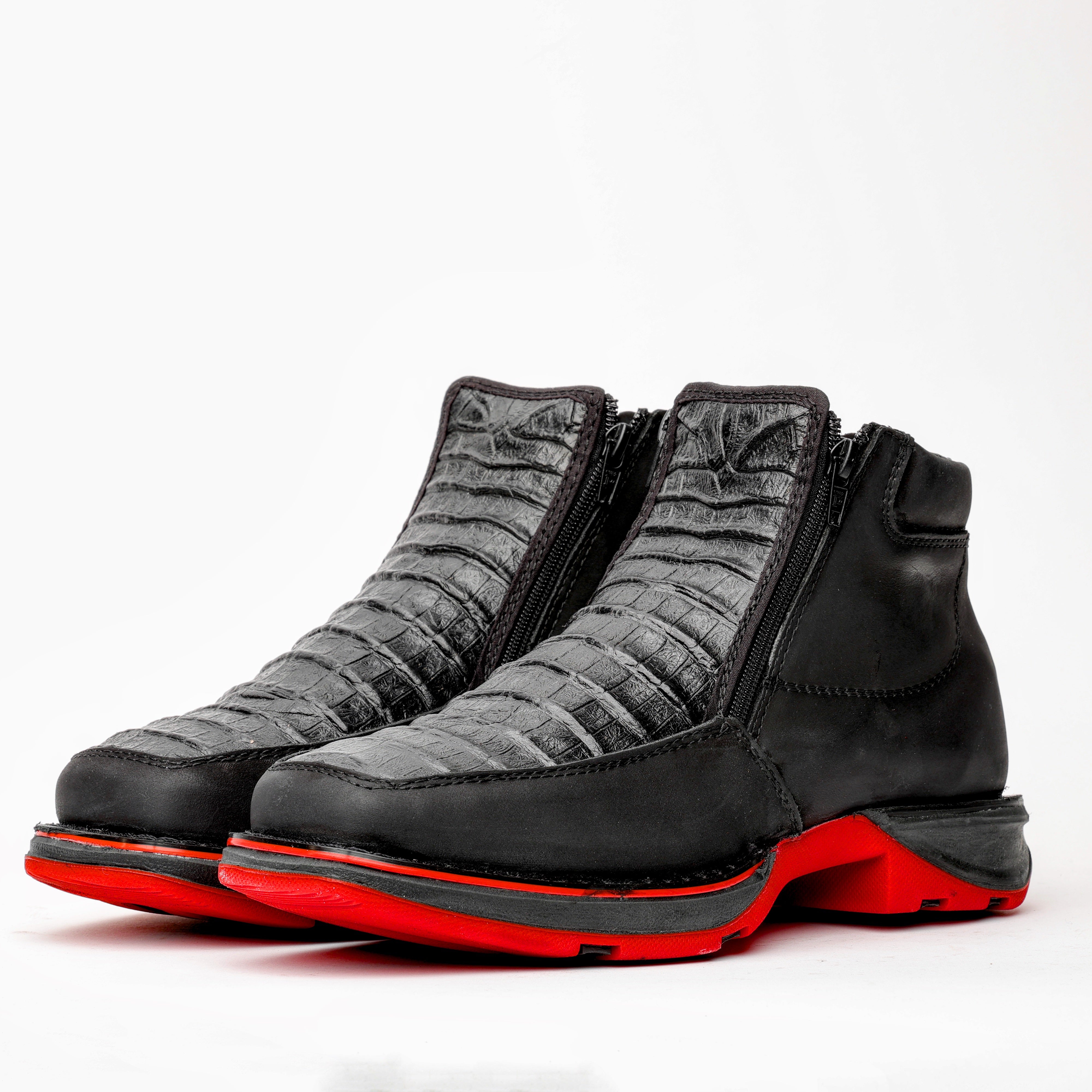 Black Caiman Belly Leather Botin With 3D Lightweight Soles - Square Toe