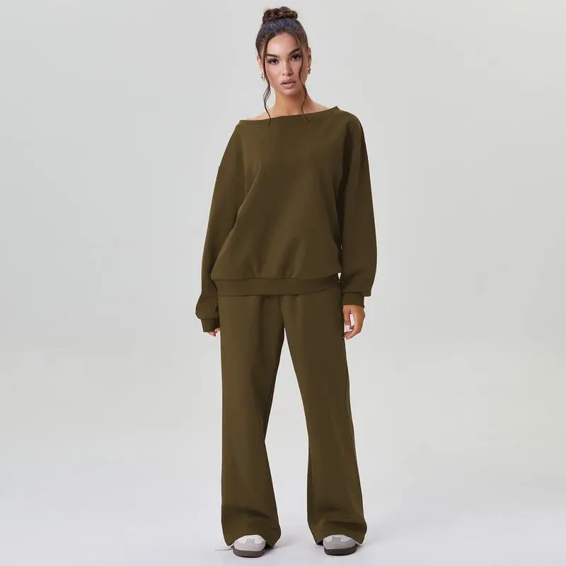 Women's Leisure Solid Color Sloping Shoulder Long Sleeve Top & Wide-Leg Trousers Set
