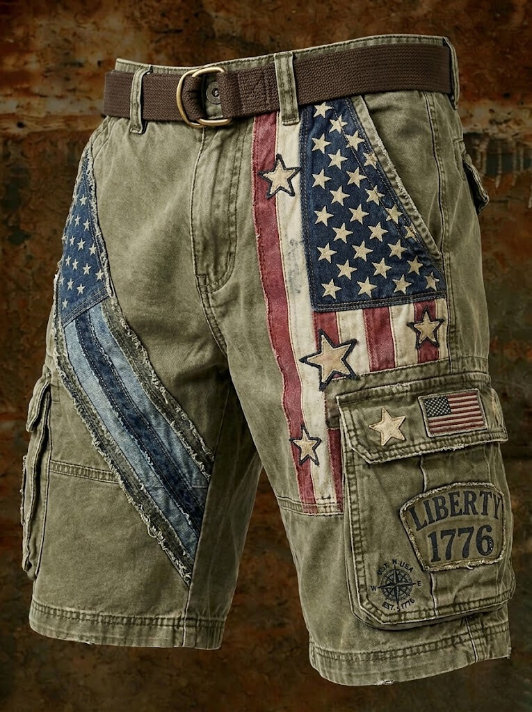 Men's Retro American Flag Independence Day 1776 Art Print Casual Shorts