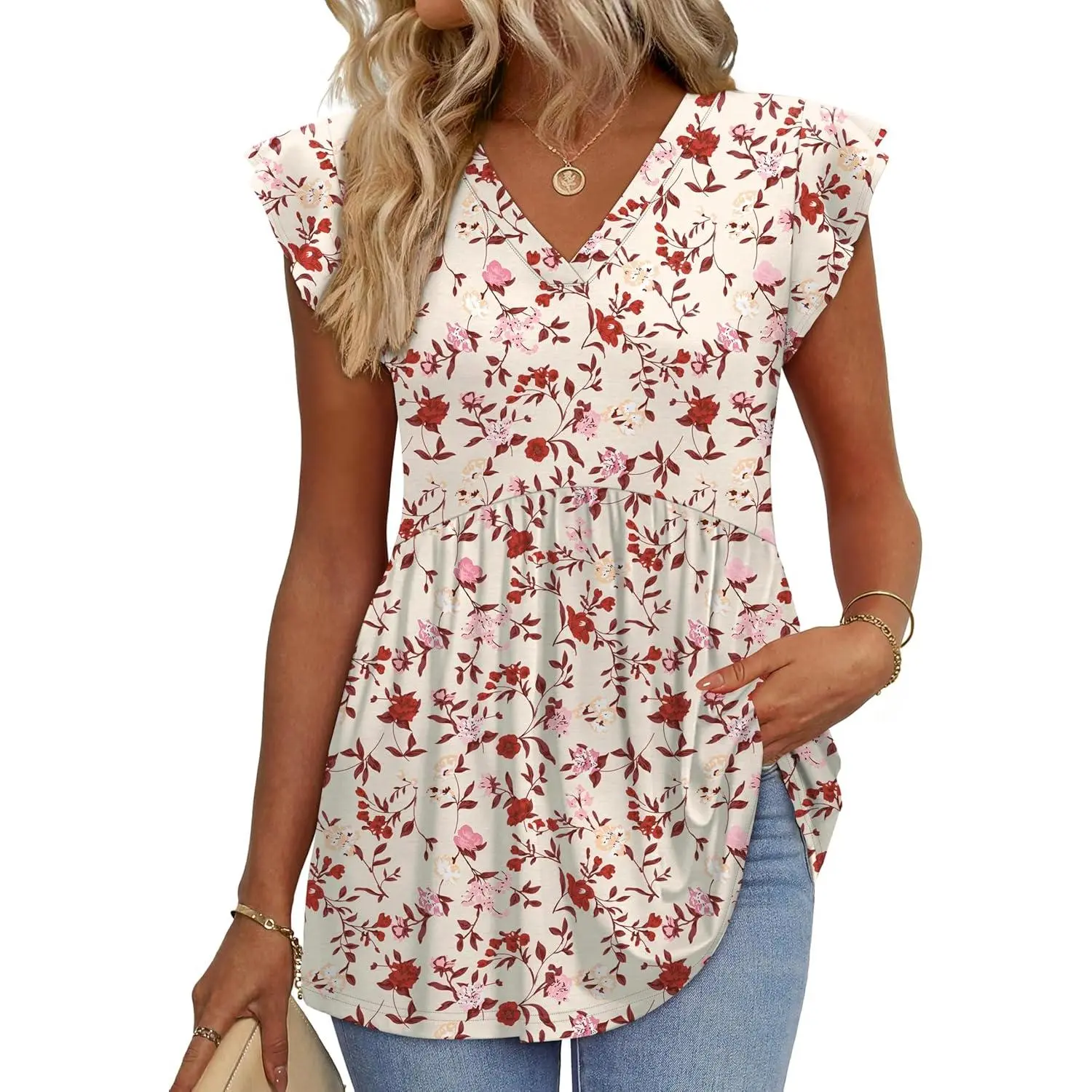 Womens Summer Tops 2026 Babydoll Shirts Ruffle Sleeve Spring Outfits Dressy Casual Blouses