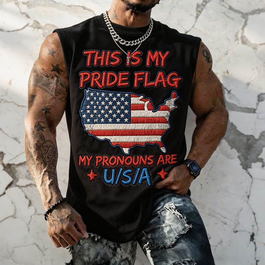 Men's This Is My Pride Flag My Pronouns Are USA Embroidered Sleeveless Tank Top
