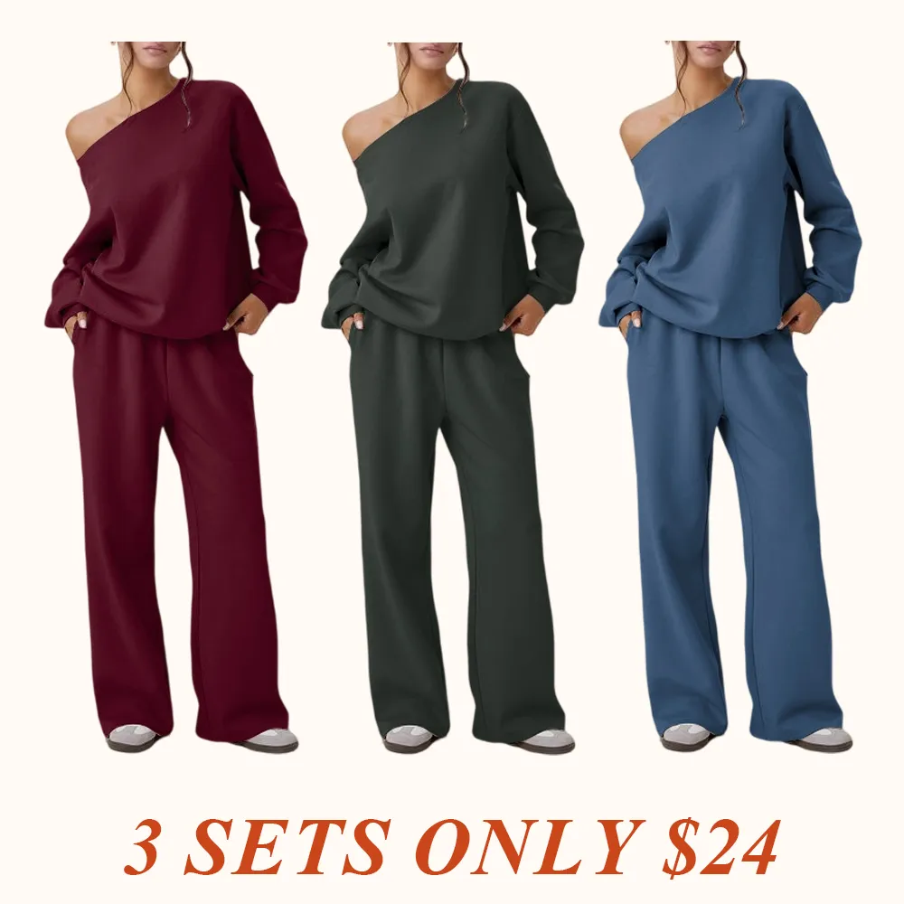 Women's Leisure Solid Color Sloping Shoulder Long Sleeve Top & Wide Leg Trousers Co-ord