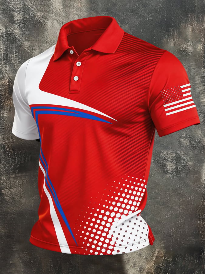 Men's Retro Patriotic Color-Block Short-Sleeve Polo Shirt