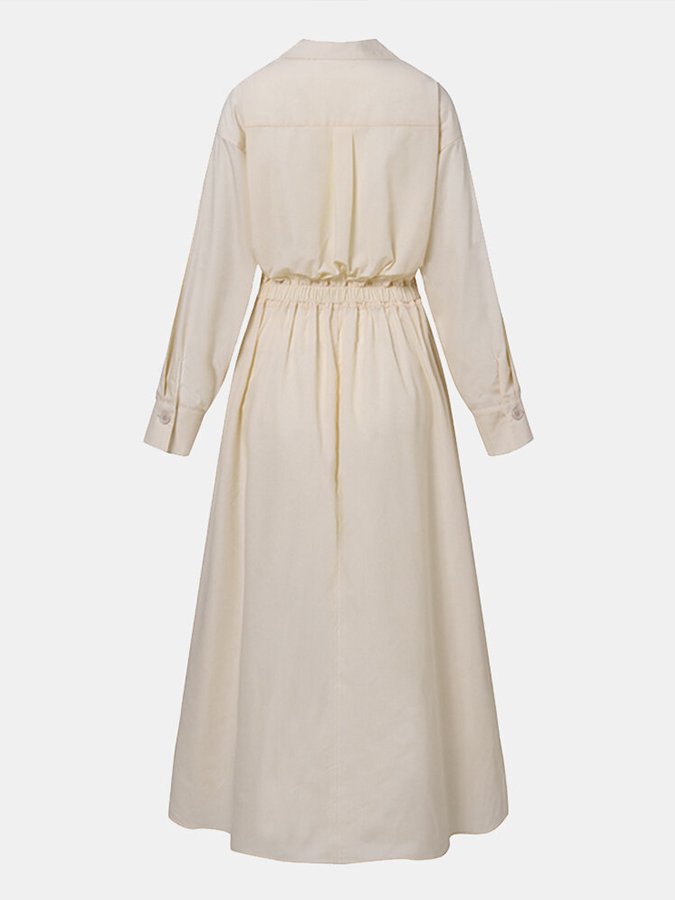 Women's Solid Pocket Button Lapel Long Sleeve Maxi Shirt Casual Dress