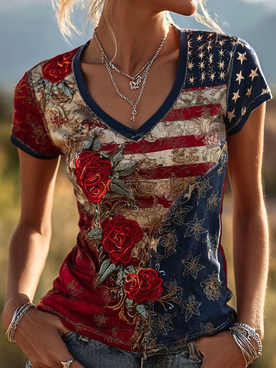 Women's Retro Butterfly Floral Patriot Commemorative Short-Sleeve T-Shirt