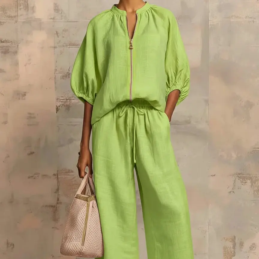 Women's Matching Lounge Set Quarter Zip Pullover Top Loose Wide Leg Pants 2 Piece Sweatsuit Casual Outfit